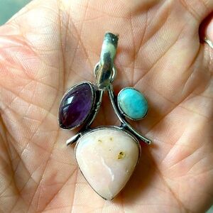 Real Larimar Rose Quartz & Amethyst 925 Sterling Silver Necklace Pendant
